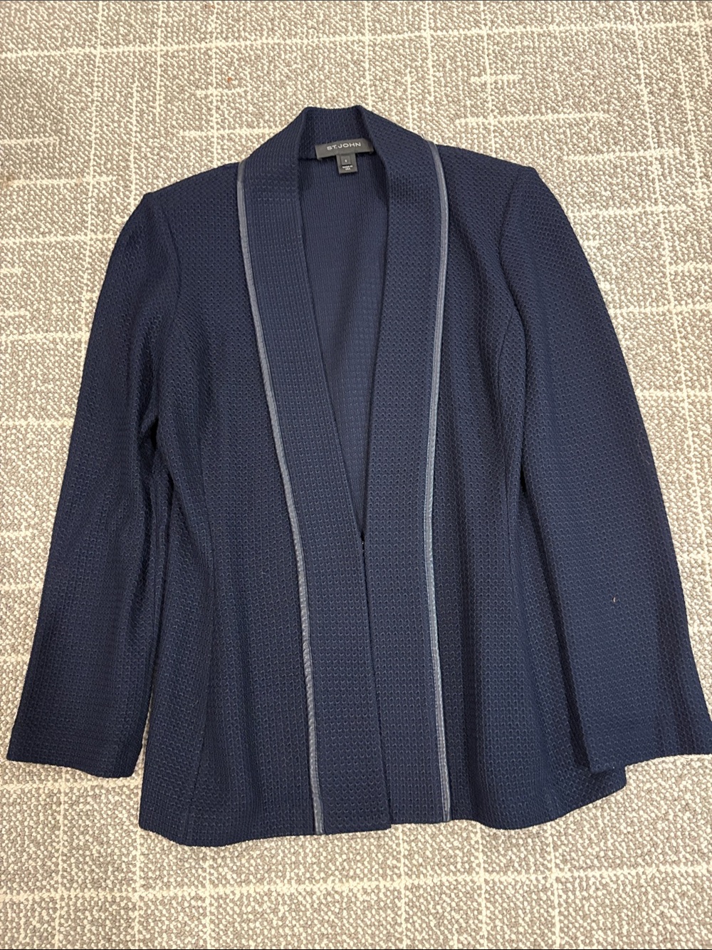 St. John sz 8 Wool Blend Navy Blue leather Trim open blazer